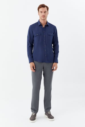 Lacivert %100 Pamuk Klasik Yaka Cepli Slim Fit Gömlek