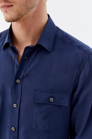 Lacivert %100 Pamuk Klasik Yaka Cepli Slim Fit Gömlek