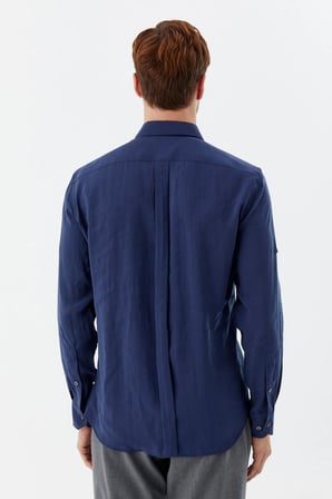 Lacivert %100 Pamuk Klasik Yaka Cepli Slim Fit Gömlek