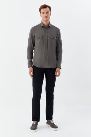 Haki %100 Pamuk Klasik Yaka Cepli Slim Fit Gömlek