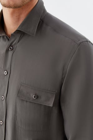 Haki %100 Pamuk Klasik Yaka Cepli Slim Fit Gömlek