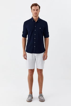 Lacivert %100 Pamuk Uzun Kollu Slim Fit Düğmeli Yaka Gömlek