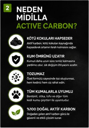 Midilla Active Carbon Kedi Kumu Koku Giderici 250 g | %100 Gerçek Aktif Karbon | Güçlü Koku Kontrolü