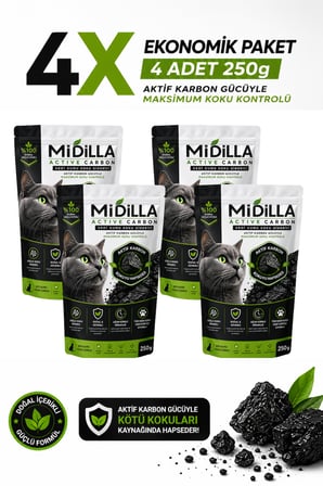 Midilla Active Carbon Kedi Kumu Koku Giderici 4 x 250 g | %100 Gerçek Aktif Karbon | Toplam 1.000 g