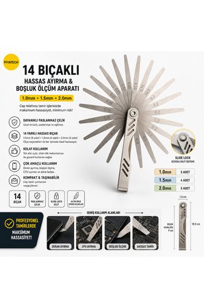 Cep Telefonu Hassas Ekran Ayırma Ve Boşluk Ölçme Aparatı - Paslanmaz Çelik 14 Bıçaklı (1.0 - 1.5 - 2.0 Mm) - Tamir Takımı