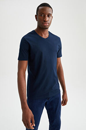 Slim Fit Dar Kesim V Yaka Basic Düz Kısa Kollu Tişört