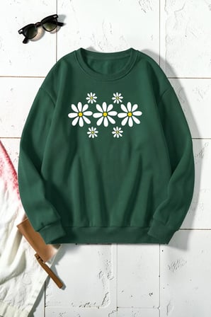 Unisex Flowers Kalp Baskılı Bisiklet Yaka Sweatshirt