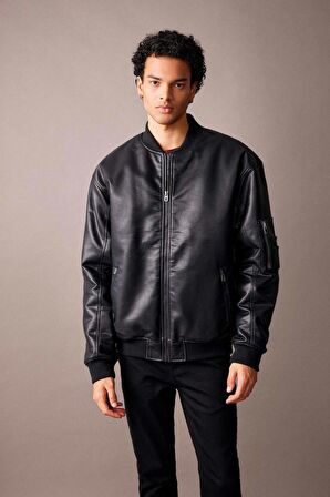 DeFacto Oversize Fit Kolej Yaka Bomber Suni Deri Mont A0543AX23WNBK27