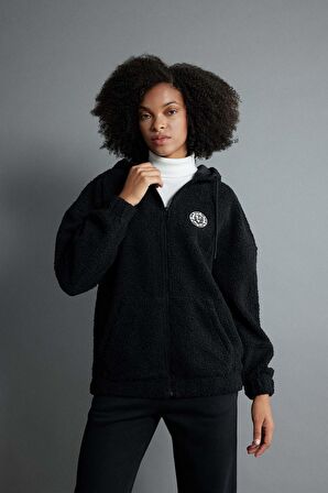 DeFacto Oversize Fit Kapüşonlu Pelüş Fermuarlı Sweatshirt Y2648AZ23WNBK81