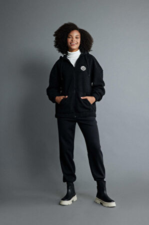 DeFacto Oversize Fit Kapüşonlu Pelüş Fermuarlı Sweatshirt Y2648AZ23WNBK81