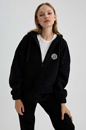 DeFacto Oversize Fit Kapüşonlu Pelüş Fermuarlı Sweatshirt Y2648AZ23WNBK81