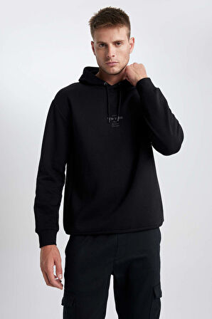 DeFacto Relax Fit Kapüşonlu Baskılı Kalın Sweatshirt Y9652AZ23WNBK81