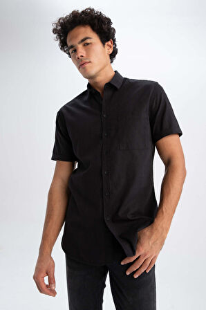 DeFacto Slim Fit Dar Kesim Basic Düz %100 Pamuk Kısa Kollu Siyah Gömlek R1706AZ23SMBK81