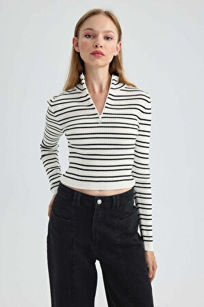 DeFacto Slim Fit Fermuarlı Dik Yaka Çizgili Kazak A8150AX23AUER103