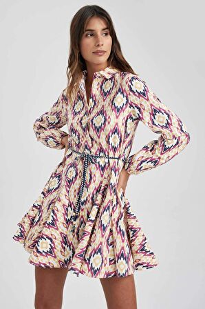 Gömlek Yaka Desenli Uzun Kollu Poplin Mini Elbise Z7469AZ23SPPN280
