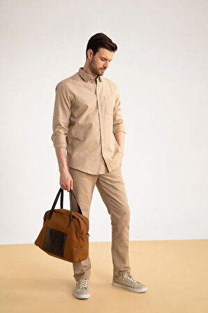 Modern Fit Keten Karışımlı Uzun Kollu Gömlek