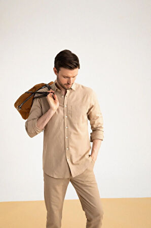 Modern Fit Keten Karışımlı Uzun Kollu Gömlek
