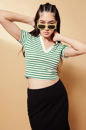 Fitted Polo Yaka Çizgili Kisa Kollu Tisört