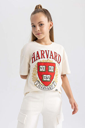 DeFacto Kız Çocuk Harvard University Oversize Geniş Kalıp Bisiklet Yaka Kısa Kollu Tişört A5838A823AUER134