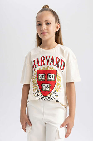 DeFacto Kız Çocuk Harvard University Oversize Geniş Kalıp Bisiklet Yaka Kısa Kollu Tişört A5838A823AUER134