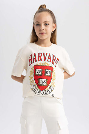 DeFacto Kız Çocuk Harvard University Oversize Geniş Kalıp Bisiklet Yaka Kısa Kollu Tişört A5838A823AUER134