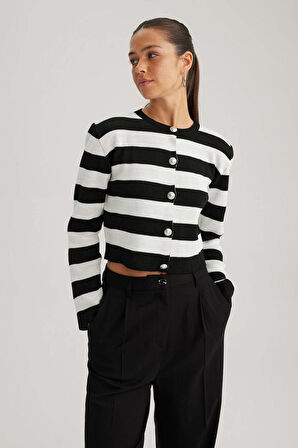 DeFacto Regular Fit Çizgili Bisiklet Yaka Pike Hırka A4881AX23WNBK27