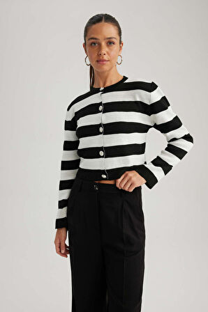 DeFacto Regular Fit Çizgili Bisiklet Yaka Pike Hırka A4881AX23WNBK27