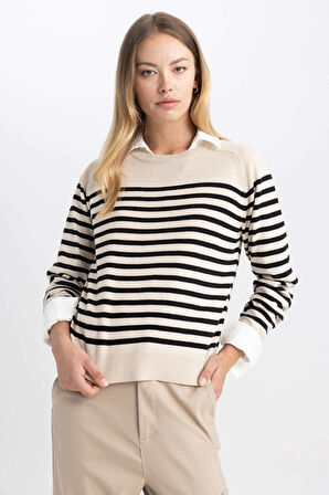 DeFacto Regular Fit Çizgili Bisiklet Yaka Basic Kazak Z1317AZ23WNBK27