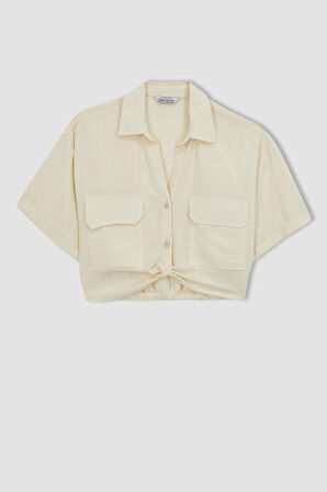 DeFacto Regular Fit Kaçık Yaka Keten Karışımlı Kısa Kollu Gömlek A6859AX23SMER99