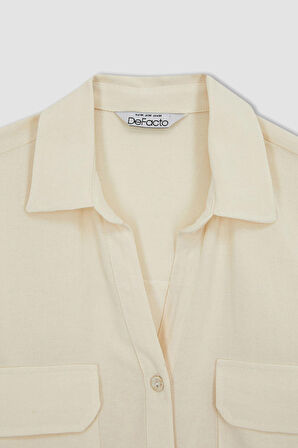 DeFacto Regular Fit Kaçık Yaka Keten Karışımlı Kısa Kollu Gömlek A6859AX23SMER99