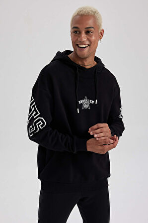DeFactoFit NBA Brooklyn Nets Boxy Fit Kapüşonlu Kalın Sweatshirt A7251AX23AUBK81