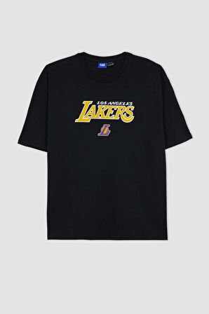 DeFactoFit NBA Los Angeles Lakers Oversize Geniş Kalıp Bisiklet Yaka Kısa Kollu Tişört T7062AZ23AUBK27