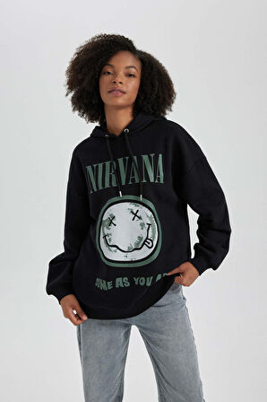 DeFacto Nirvana Oversize Fit Kapüşonlu Kalın Sweatshirt B3663AX23WNBK81