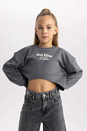 DeFacto Kız Çocuk 2'li Takım Baskılı Crop Bisiklet Yaka Sweatshirt Askılı Atlet B2517A823WNGR449