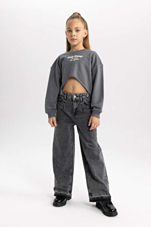 DeFacto Kız Çocuk 2'li Takım Baskılı Crop Bisiklet Yaka Sweatshirt Askılı Atlet B2517A823WNGR449