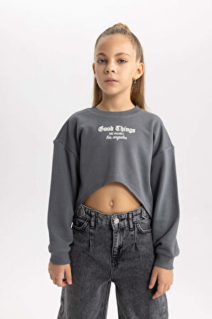 DeFacto Kız Çocuk 2'li Takım Baskılı Crop Bisiklet Yaka Sweatshirt Askılı Atlet B2517A823WNGR449
