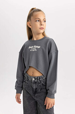 DeFacto Kız Çocuk 2'li Takım Baskılı Crop Bisiklet Yaka Sweatshirt Askılı Atlet B2517A823WNGR449