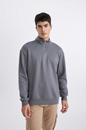 DeFacto Comfort Regular Fit Rahat Kalıp Fermuarlı Dik Yaka Basic Düz Sweatshirt X7405AZ24SPGR439