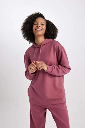 DeFactoFit Standart Fit Kapüşonlu Kemer Baskılı Skuba Dalgıç Kumaş Sporcu Basic Düz Sweatshirt B4667AX24SPBR88