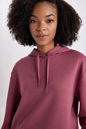 DeFactoFit Standart Fit Kapüşonlu Kemer Baskılı Skuba Dalgıç Kumaş Sporcu Basic Düz Sweatshirt B4667AX24SPBR88