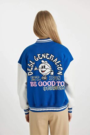 DeFacto Coool Oversize Geniş Kalıp Kolej Yaka Sırt Baskılı Çıtçıtlı Cepli Kalın Bomber Ceket B3255AX24SPBE399