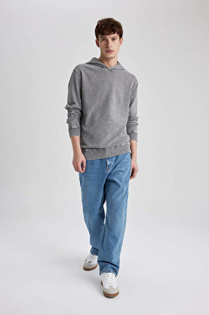 DeFacto Regular Fit Kapüşonlu Yıkamalı Soluk Efektli Basic Düz Sweatshirt B9220AX23WNGR367