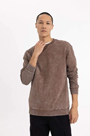 DeFacto Regular Fit Bisiklet Yaka Yıkamalı Soluk Efektli Basic Düz Sweatshirt B9221AX23WNBN105