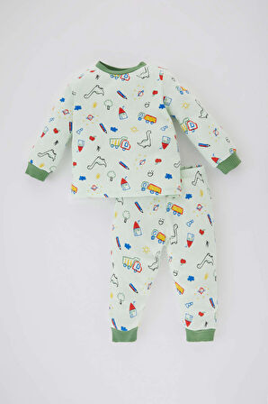 Erkek Bebek Desenli Uzun Kollu Fitilli Kaşkorse Pijama Takımı