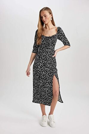 DeFacto Bodycon Kare Yaka Çiçekli Bürümcük Yarım Kol Midi Elbise Z5262AZ24SPBK81