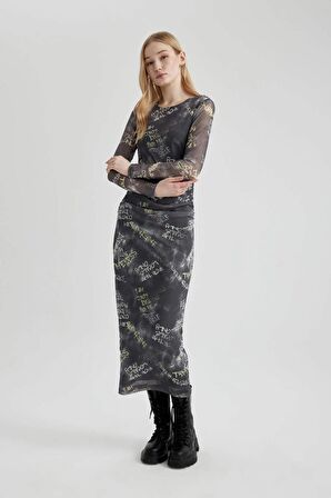 DeFacto Coool Bodycon Desenli Tül Uzun Kollu Maxi Elbise C1891AX24SPGR452