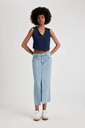 DeFacto Long Fit Yırtmaçlı Maxi Jean Etek B8295AX24SPNM85