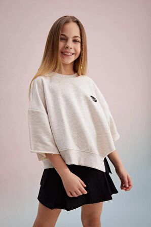 DeFacto Kız Çocuk Crop Bisiklet Yaka Baskılı Sweatshirt C0274A824SPBG588