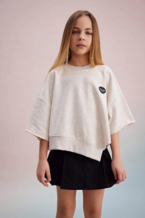 DeFacto Kız Çocuk Crop Bisiklet Yaka Baskılı Sweatshirt C0274A824SPBG588