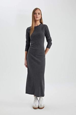 DeFacto Bodycon Bisiklet Yaka Fitilli Kaşkorse Maxi Uzun Kollu Yıkamalı Soluk Efektli Elbise C1652AX24SPAR15